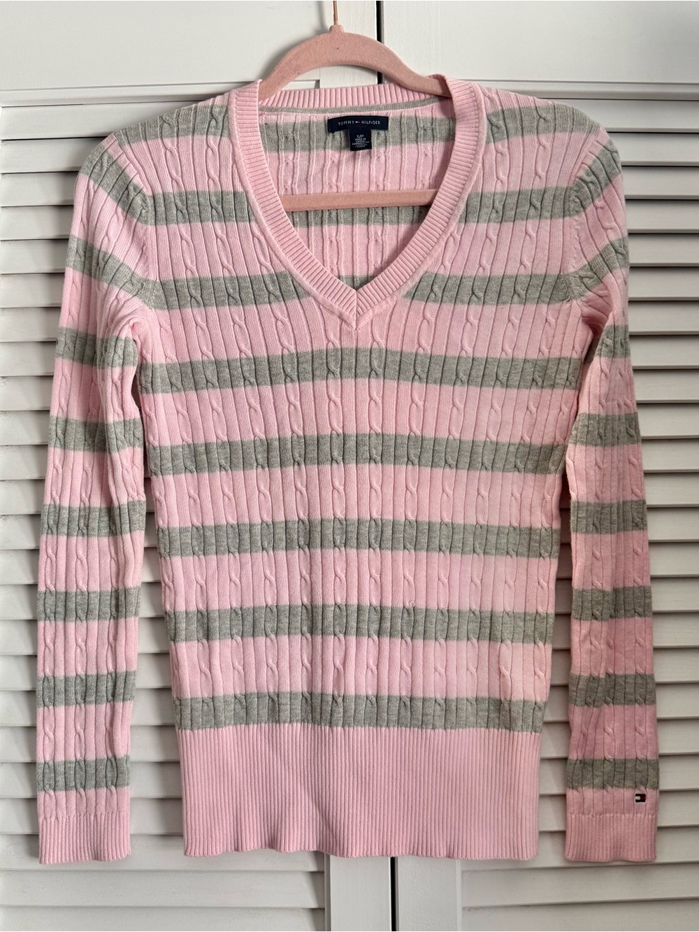 Tommy Hilfiger Pink & Gray Striped Cable Knit V-Neck Sweater